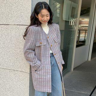 Single-breasted Multi-pocket Tweed Coat Purple - One Size