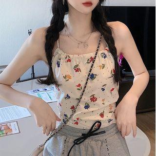 Halter-neck Floral Print Bow-accent Top Almond - One Size