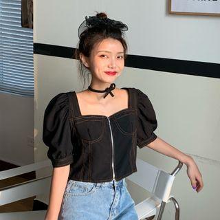 Puff-sleeve Zip-front Cropped Blouse