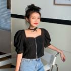 Puff-sleeve Zip-front Cropped Blouse