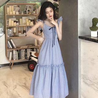 Flutter Strap Plaid Midi A-line Dress