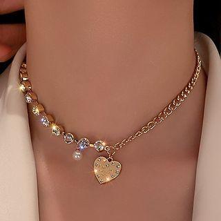 Heart Rhinestone Alloy Choker Necklace - Gold - One Size