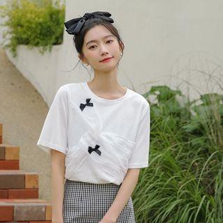 Elbow-sleeve Ribbon Applique T-shirt White - One Size