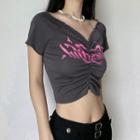 Short-sleeve Off-shoulder Lettering Print Crop Top