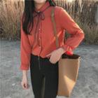 Frill-trim Stand-collar Bow-accent Shirt