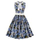 Sleeveless Tie-neck Floral Print Belted Midi A-line Dress