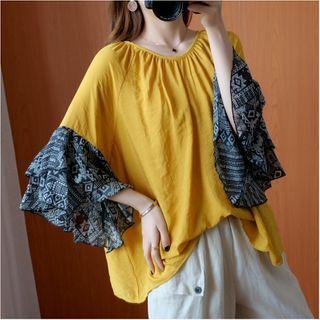 3/4-sleeve Printed Frill Trim Linen T-shirt