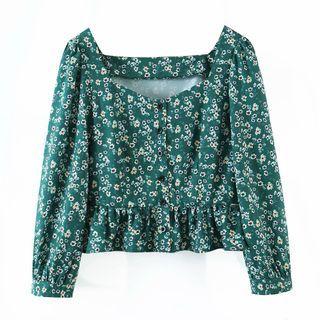 Long Sleeve Floral Print Ruffled-hem Blouse