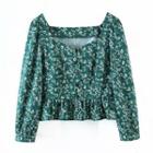 Long Sleeve Floral Print Ruffled-hem Blouse