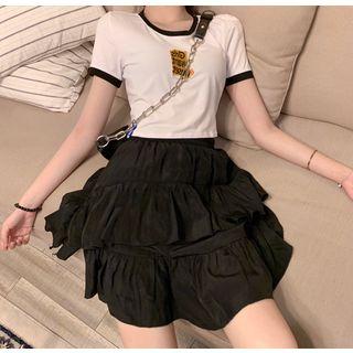 Letter Embroidered Short-sleeve T-shirt / Mini Layered Skirt