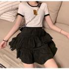 Letter Embroidered Short-sleeve T-shirt / Mini Layered Skirt
