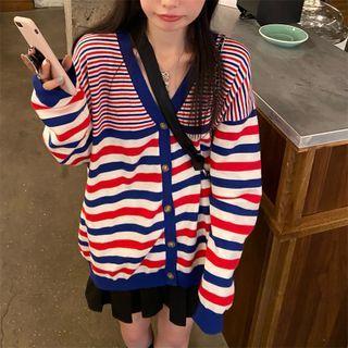 Striped Cardigan Cardigan - Stripe - Red & White & Blue - One Size