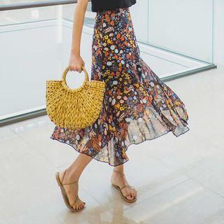 Band-waist Floral Chiffon Long Skirt