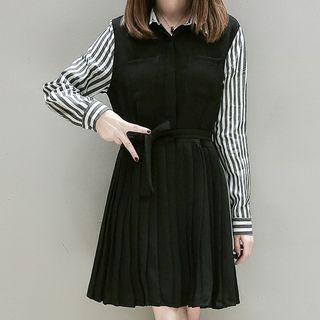 Striped Panel Accordion Pleat Shirtdress