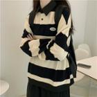 Long-sleeve Striped Polo Shirt Black & White - One Size