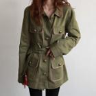 Multi-pocket Buttoned Military Jacket With Sash
