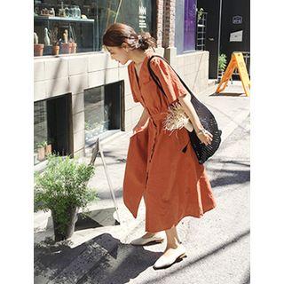 Collarless Puff-sleeve Linen Long A-line Shirtdress