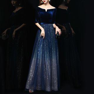 Elbow-sleeve Off-shoulder A-line Evening Gown