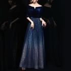 Elbow-sleeve Off-shoulder A-line Evening Gown