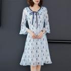 3/4-sleeve Pattern Chiffon A-line Dress