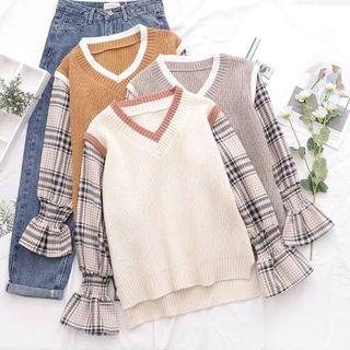Bell-sleeve Plaid Sweater