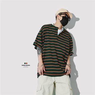 Couple Matching Elbow-sleeve Striped Placket T-shirt
