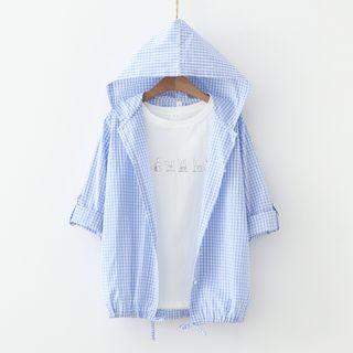 Plaid Hooded Shirt Jacket Light Blue - One Size