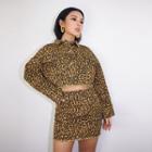 Set: Leopard-print Crop Jacket + High-waist Skirt