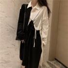 Two-tone Long-sleeve Midi Shirtdress Black & White - One Size