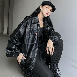 Contrast Stitched Faux Leather Jacket