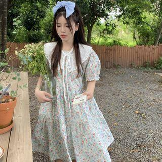 Puff-sleeve Floral Mini A-line Dress White & Blue - One Size