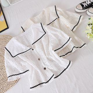 Large Lapel Cutout Lace Color Block Short-sleeve Top