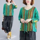 Patterned Linen Blouse Green - One Size