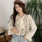 Flower Embroidered Button-up Vest / Flared-cuff Tie-strap Blouse