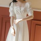 Set: Short-sleeve Plain Midi A-line Dress + Veil