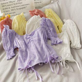 Eyelet Square-neck Ribbon Blouse