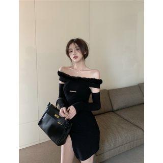 Set: Off-shoulder Sheath Dress + Arm Sleeves Dress - Black - One Size