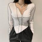 Long-sleeve Contrast Stitch Irregular Fitted Top