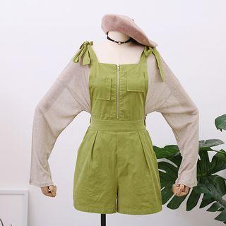 Set: Long-sleeved Sheer Top + Half-zip Playsuit Greenish Yellow - One Size