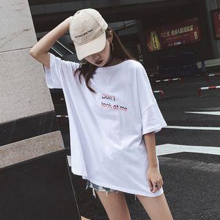 Lettering Open Back Elbow Sleeve T-shirt