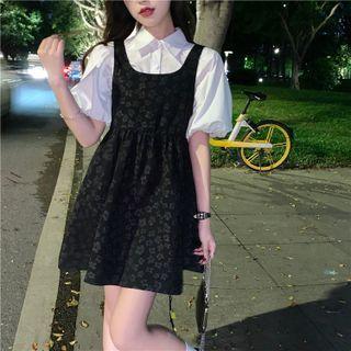 Puff-sleeve Plain Shirt / Jacquard Overall Dress