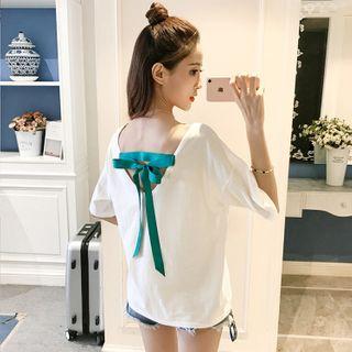 Bow Back Printed Elbow-sleeve T-shirt