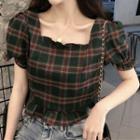 Plaid Short-sleeve Square-neck Cropped Blouse As Shown In Figure - One Size