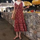 Set: Short-sleeve T-shirt + Floral Print Spaghetti-strap Midi Dress