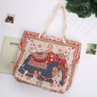 Elephant Embroidered Tote Bag Rope Strap - Off-white & Blue & Red - L