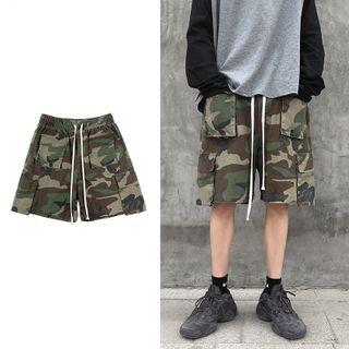 Drawstring Camouflage Wide-leg Shorts
