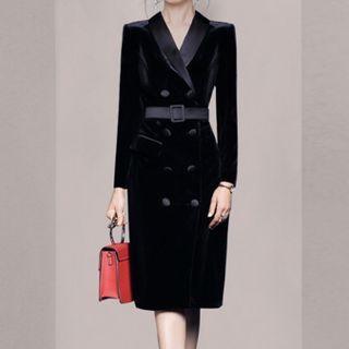 Long-sleeve Double-breasted Velvet Midi Sheath Dress