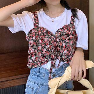 Short-sleeve Plain T-shirt / Floral Print Camisole Top