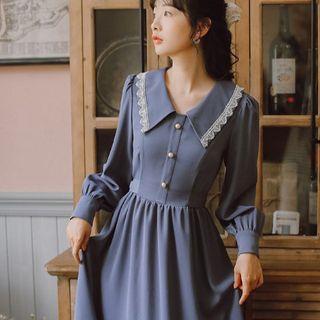 V-neck Lace Button-up A-line Dress