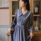 V-neck Lace Button-up A-line Dress